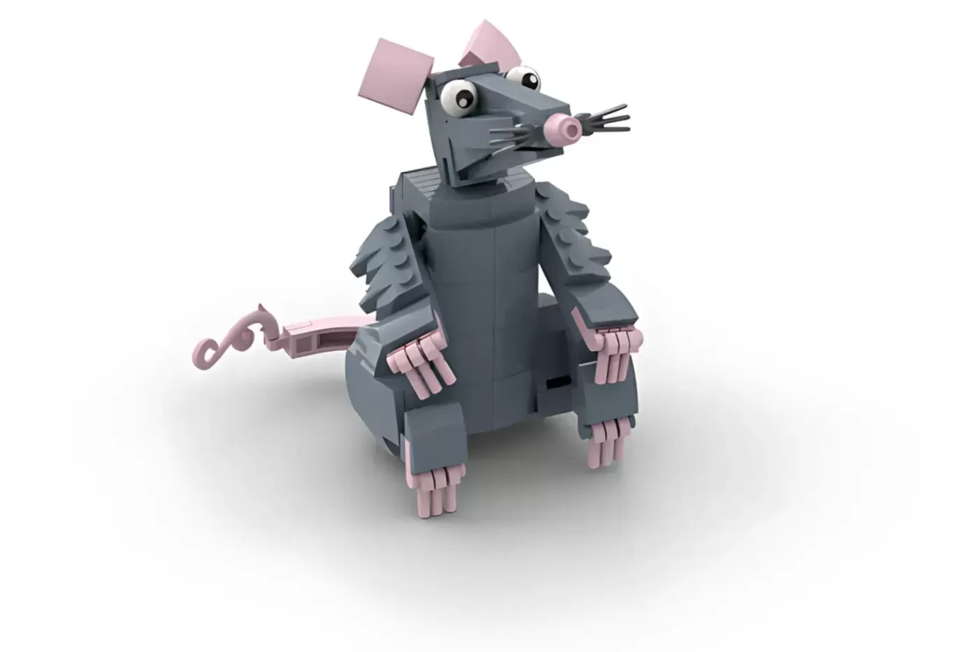 A 3D-rendered LEGO rat figure with gray body, pink ears, nose, claws, and tail, standing upright in a stylized pose.