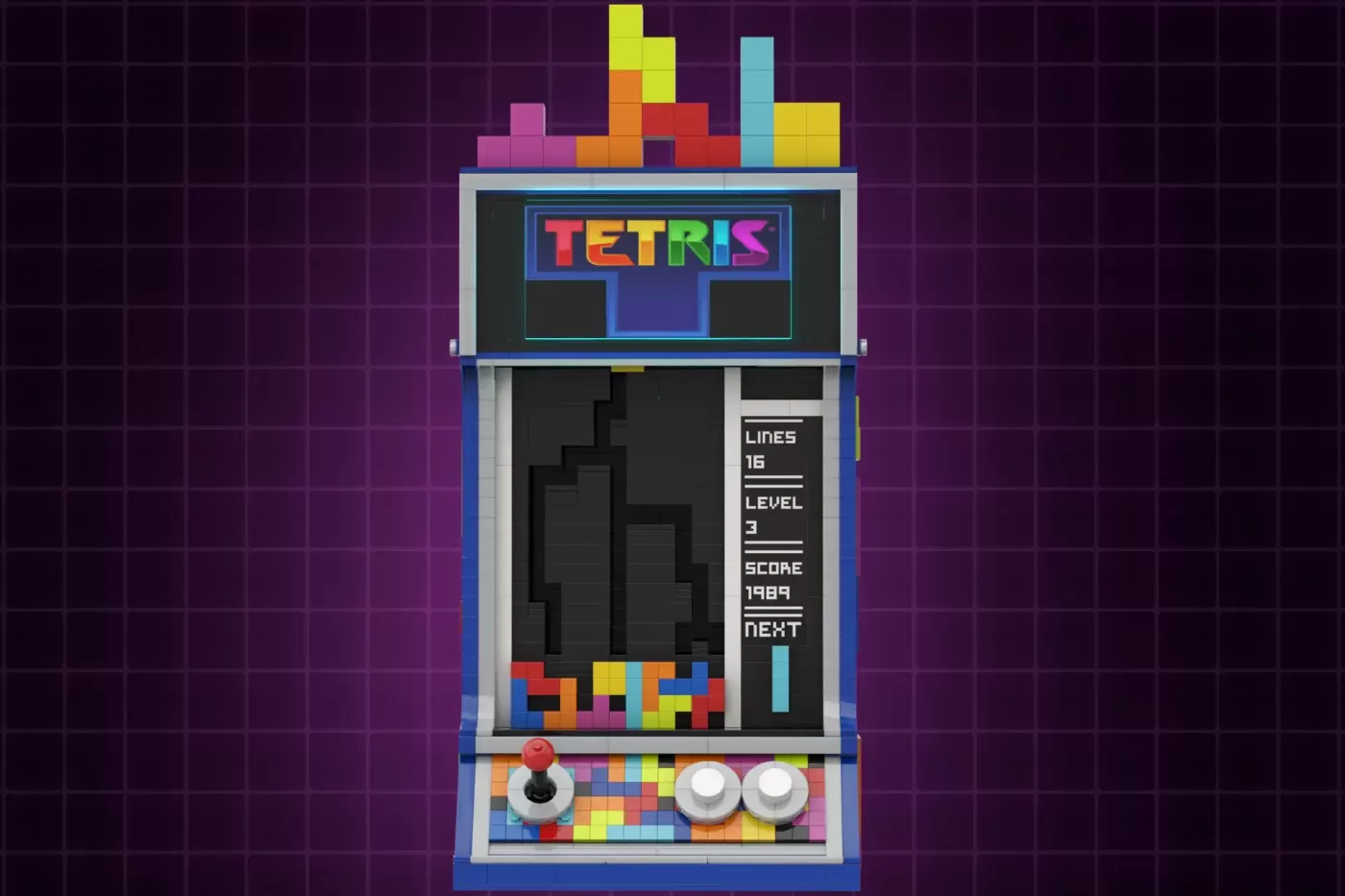 LEGO Tetris arcade machine with falling blocks, joystick, buttons, and playable game display.