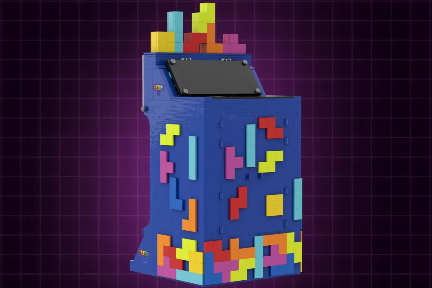 Blue LEGO Tetris arcade cabinet with colorful falling blocks and playable screen display.