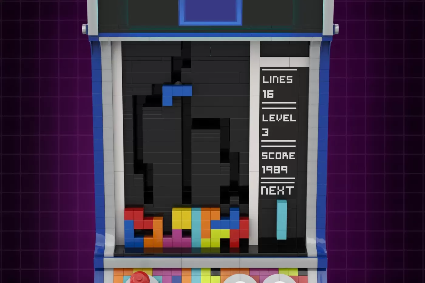 LEGO Tetris game display with falling blue piece, colored blocks at bottom, score 1989, level 3, and next piece preview.