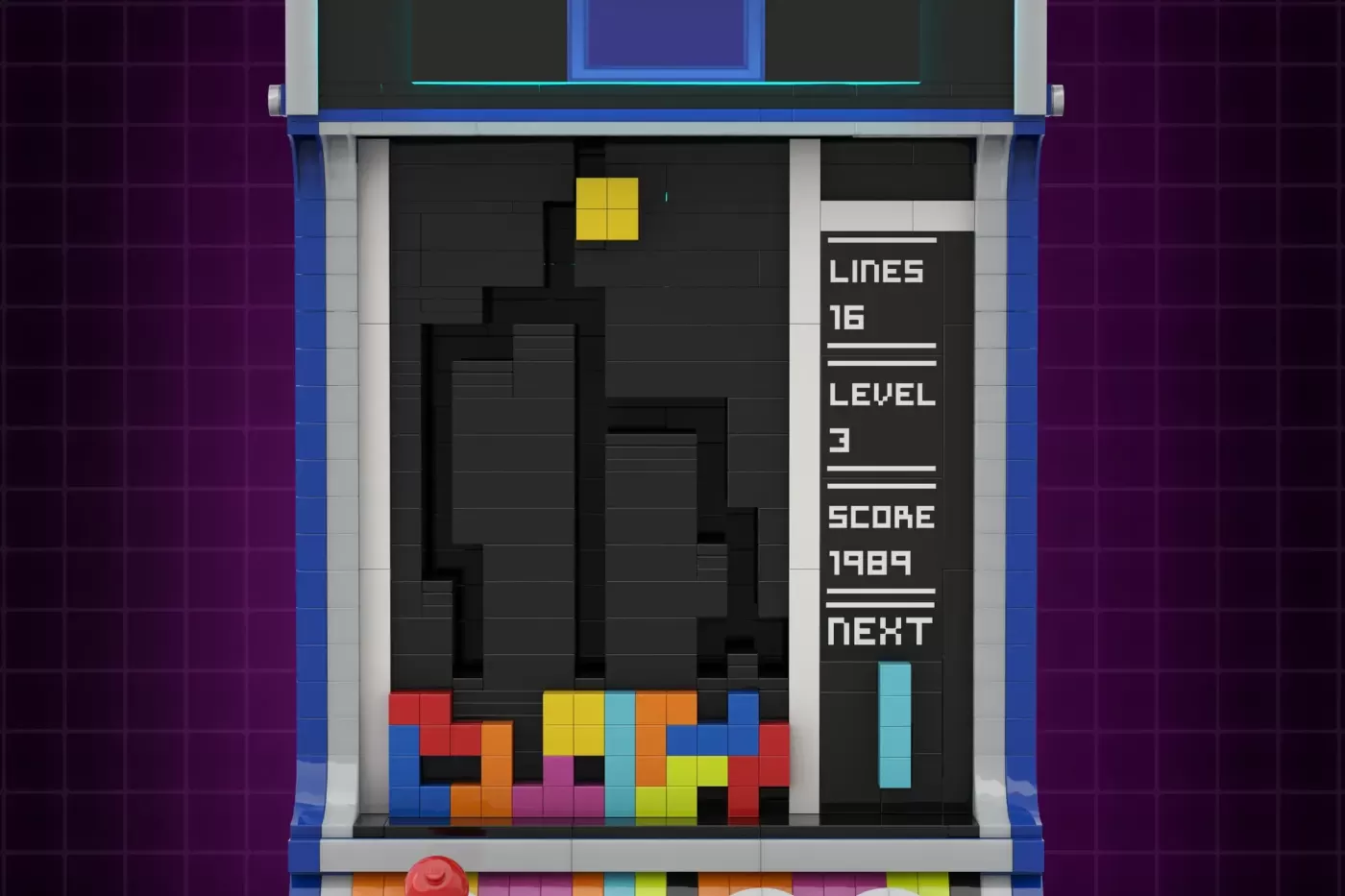 LEGO Tetris game display with falling yellow block, colorful stacked pieces at bottom, score 1989, level 3, lines 16.
