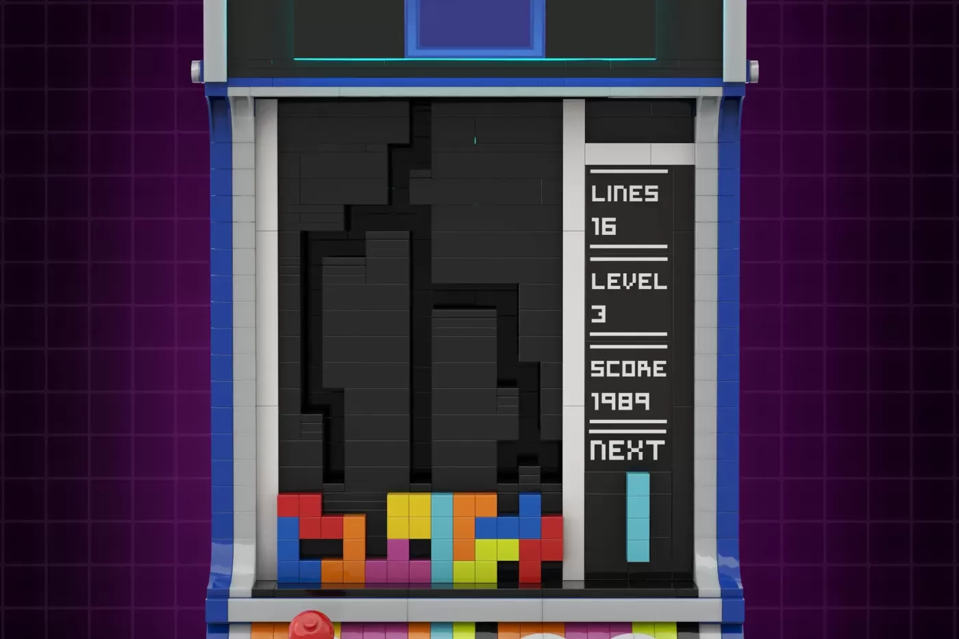 LEGO Tetris game display with falling blocks, score 1989, level 3, and cyan piece preview on right panel.
