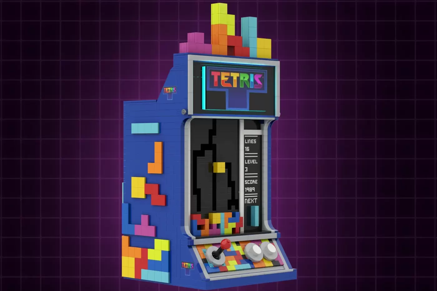 LEGO Tetris arcade machine with colorful brick pieces, playable screen, and falling block mechanics display.