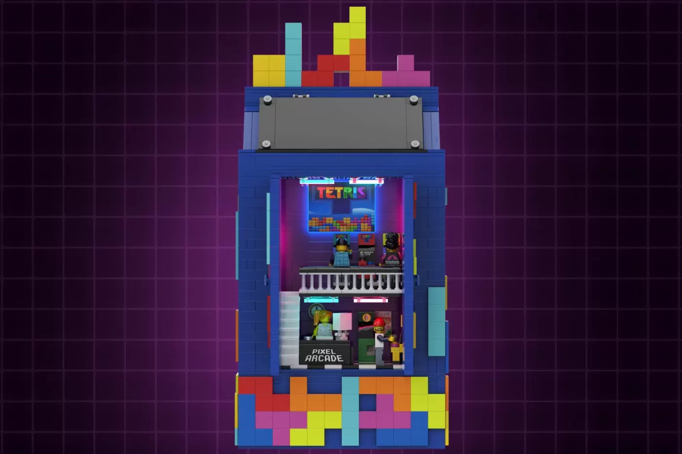 LEGO Tetris arcade cabinet with falling block display, minifigures, and colorful stacked brick base.