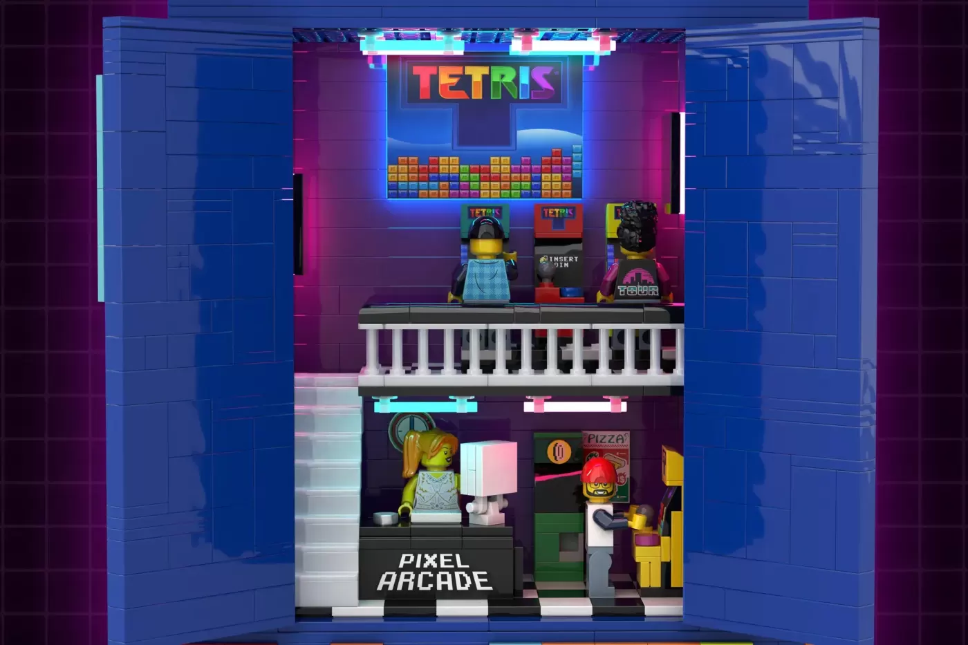 LEGO Tetris arcade set with playable falling blocks, minifigures, piano keyboard, and pixel arcade storefront display.