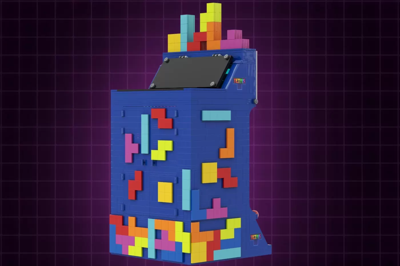 LEGO Tetris arcade machine with colorful falling blocks on blue cabinet and screen display.