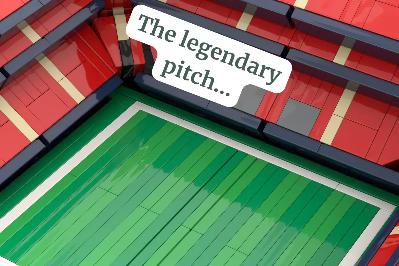 LEGO Wembley Stadium model showing the iconic red roof and green pitch with "The legendary pitch..." text overlay.