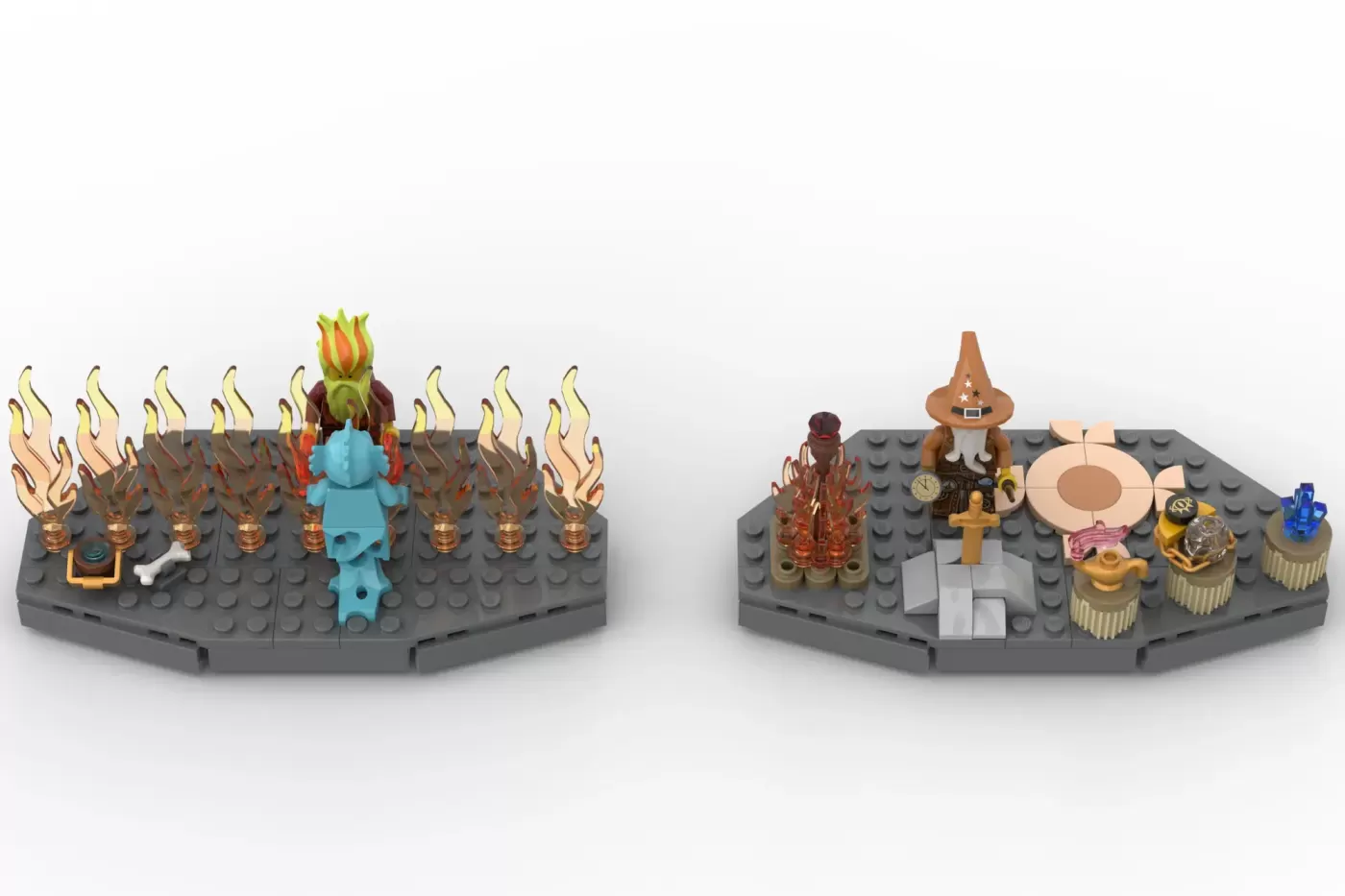 Two LEGO wizard tower baseplate scenes: left shows flaming cauldron with blue wizard figure; right displays wizard minifig…