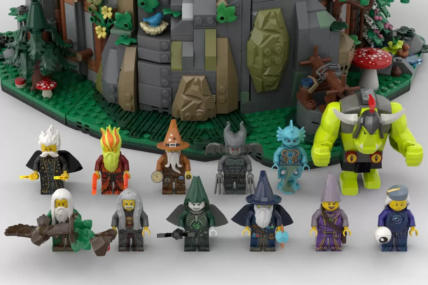 LEGO Wizards' Tower set with minifigures including wizards, witches, and magical creatures displayed in front of the detai…