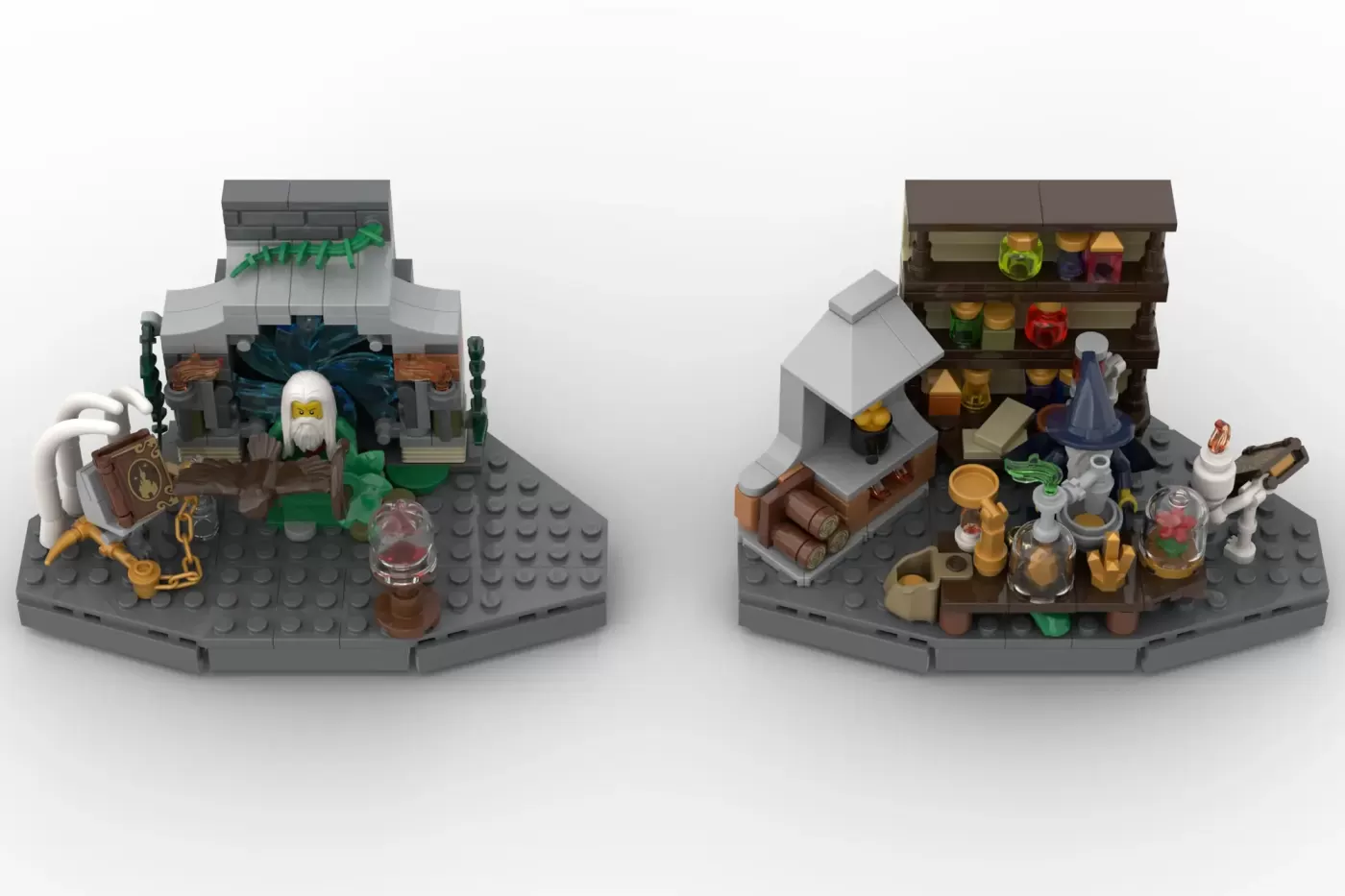 Two LEGO wizard tower scenes: left shows wizard minifigure with staff and potion cauldron; right displays apothecary shelv…