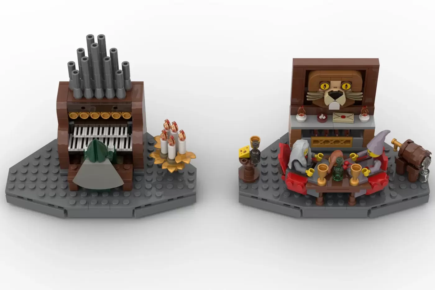 Two LEGO wizard tower scenes: left shows organ with pipes and candles; right displays cat-faced tower with magical artifac…