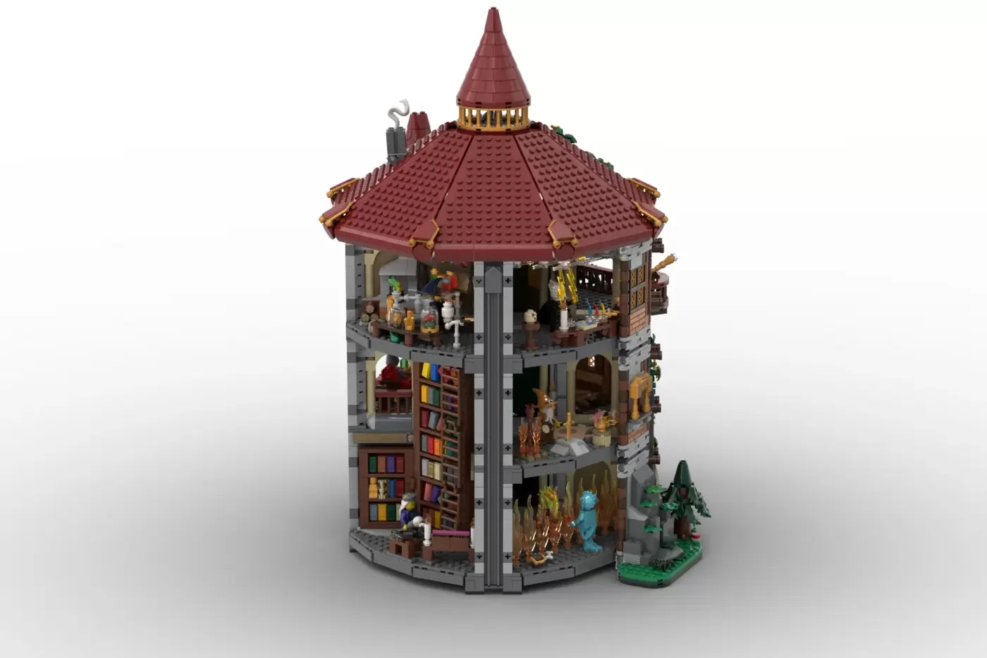 Detailed LEGO Wizards' Tower with burgundy roof, multiple levels, minifigures, bookshelves, magical elements, and forest b…