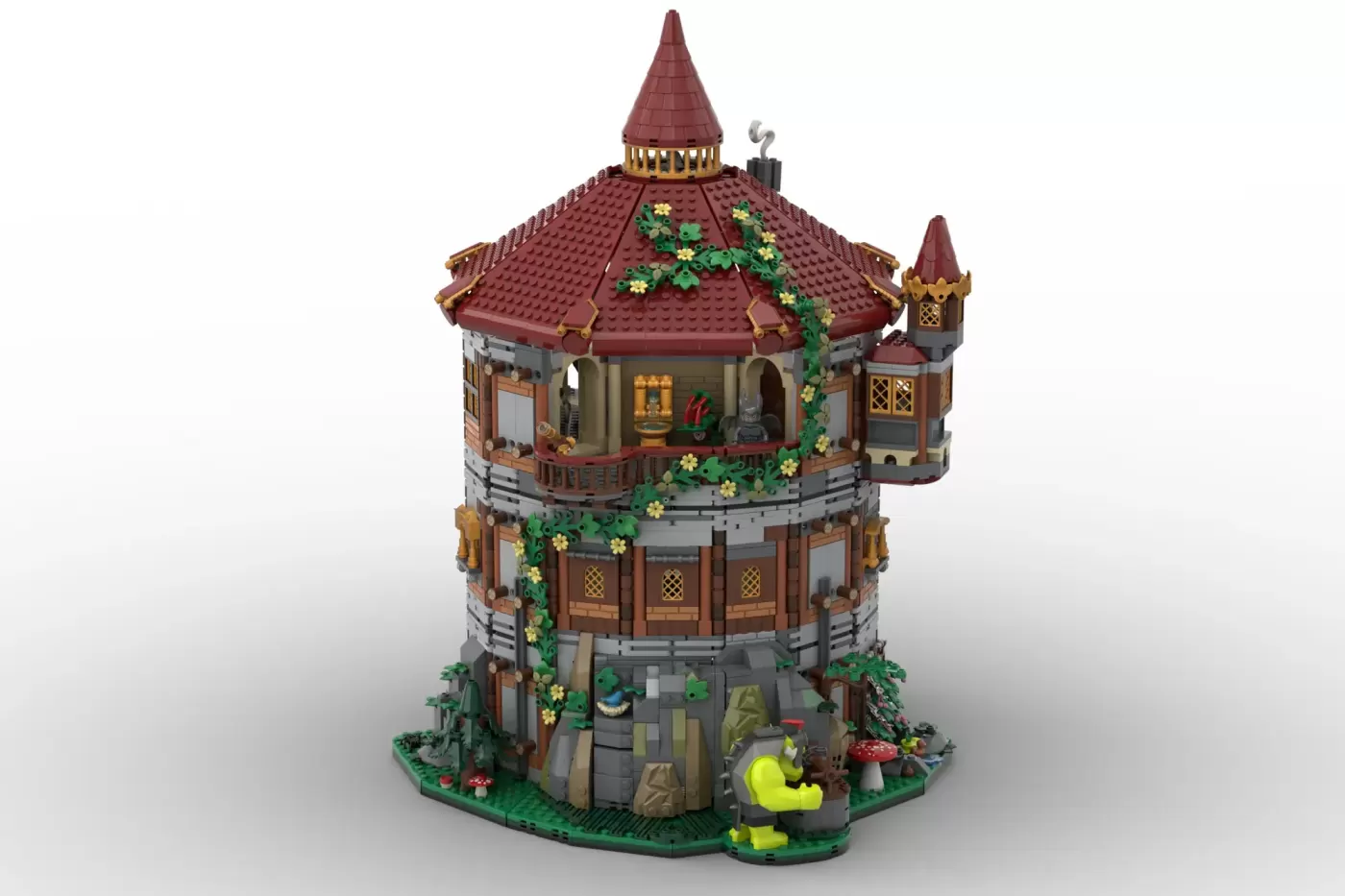 LEGO Wizards' Tower with red-tiled conical roof, ivy-covered stone walls, side turret, and magical details.