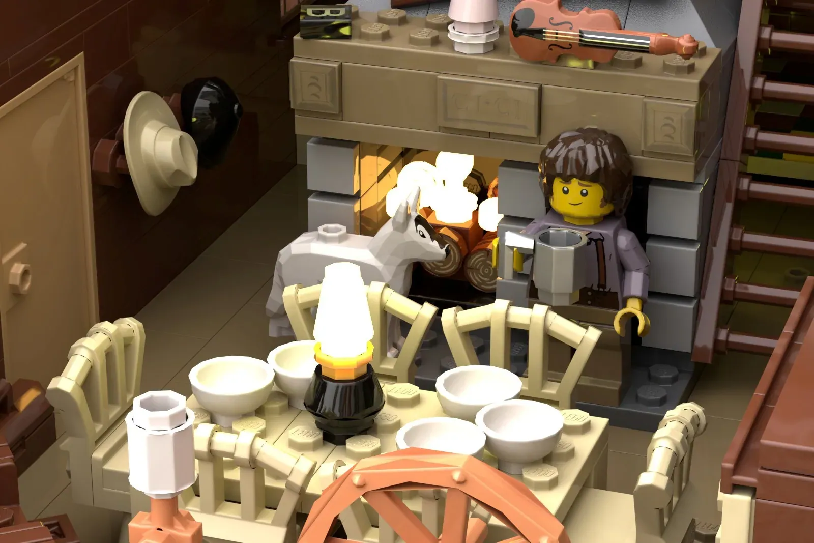 LEGO dining room scene with minifigures, table set with bowls, lamp, and period furniture from Little House on the Prairie…