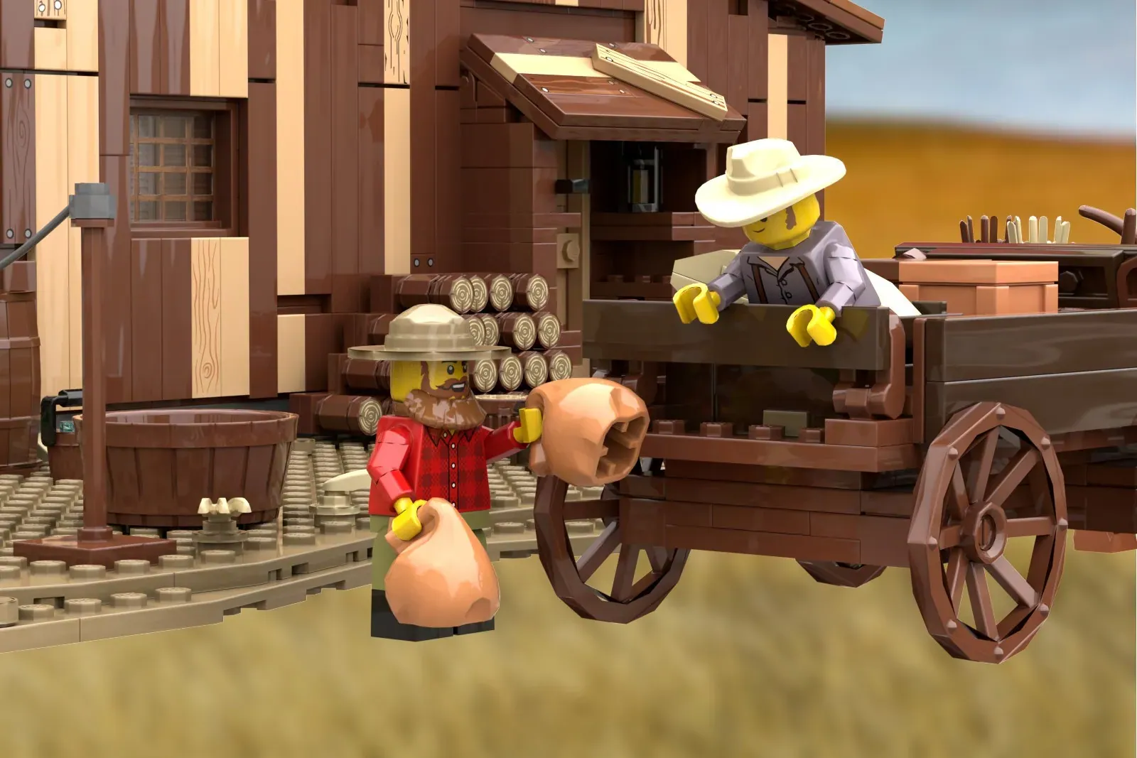 LEGO Little House on the Prairie set with minifigures and wooden cart in front of brown farmhouse building.