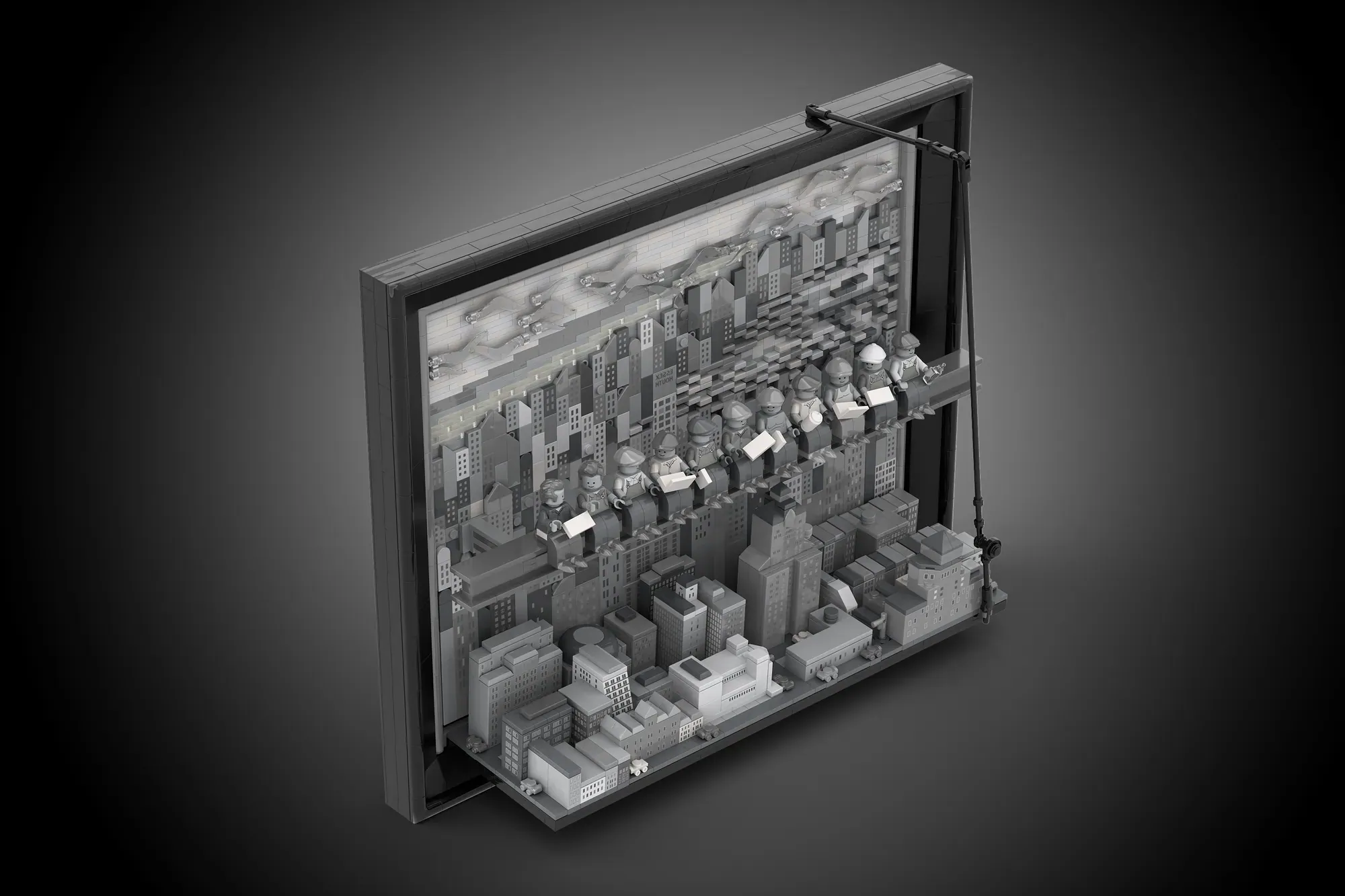 LEGO diorama recreating "Lunch Atop a Skyscraper" with minifigures on a steel beam above a detailed cityscape.