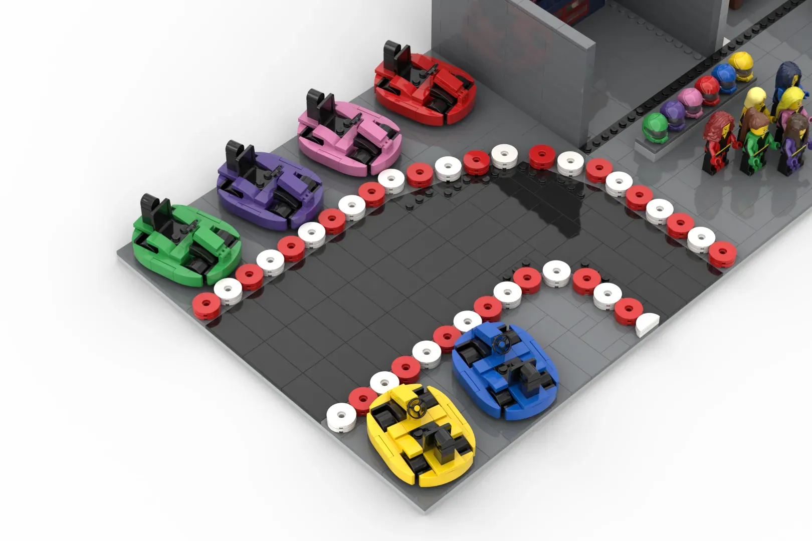 LEGO recreation of a music video featuring colorful cars, minifigures, and red and white wheel pieces on a gray baseplate.