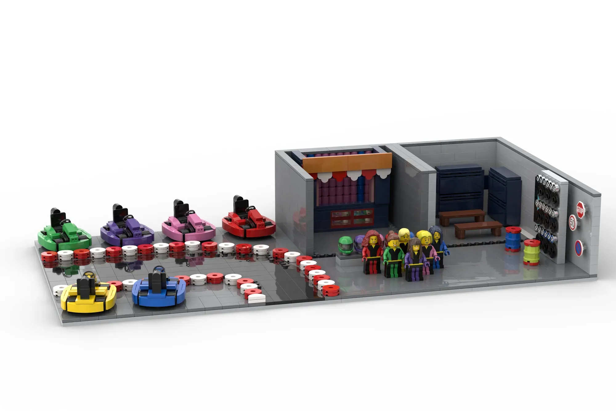 LEGO set featuring bumper cars, minifigures, and indoor venue with stage and seating area.