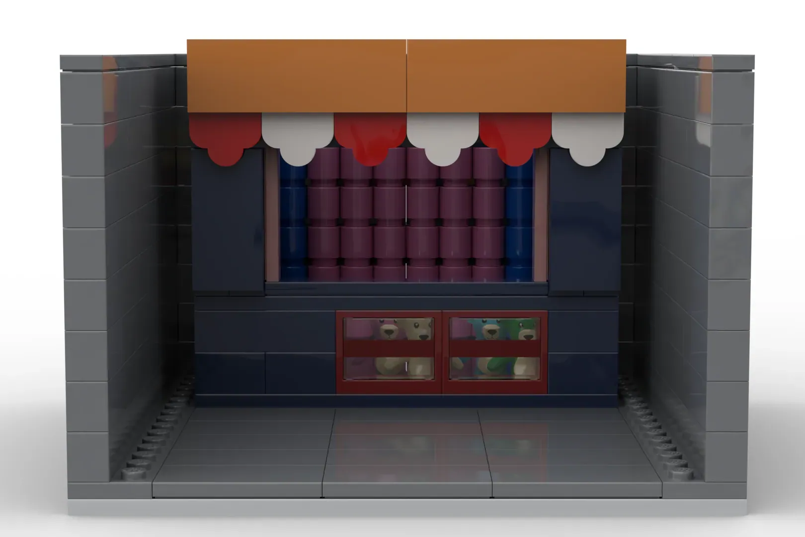 LEGO storefront stage with red and white scalloped awning, burgundy curtains, and red doors with window displays.