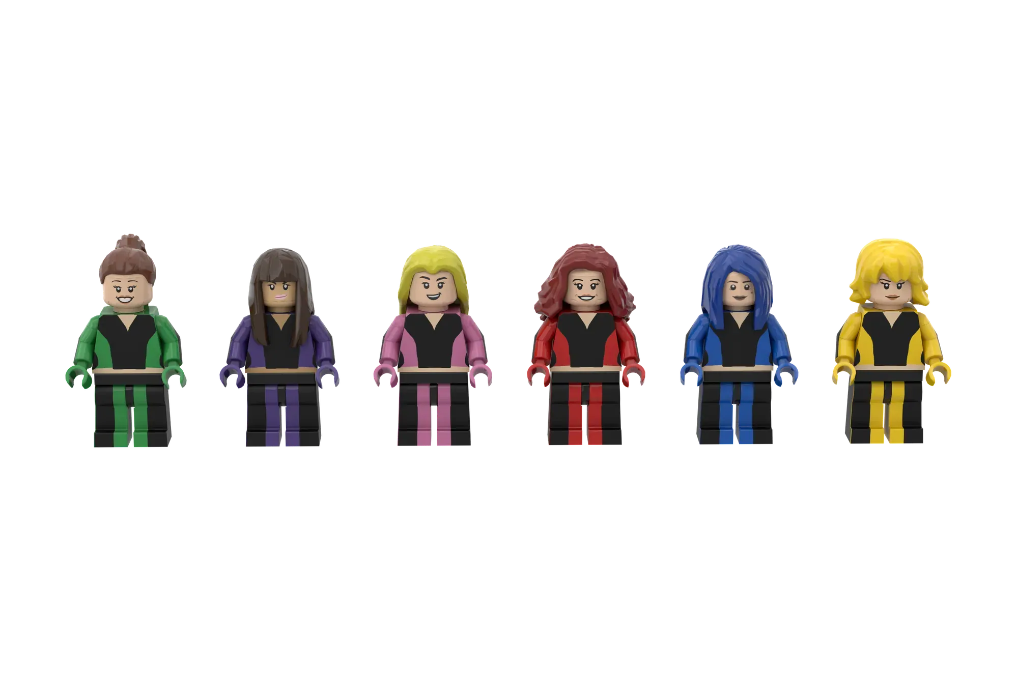 Six LEGO minifigures in colorful jackets and black pants representing a girl band.