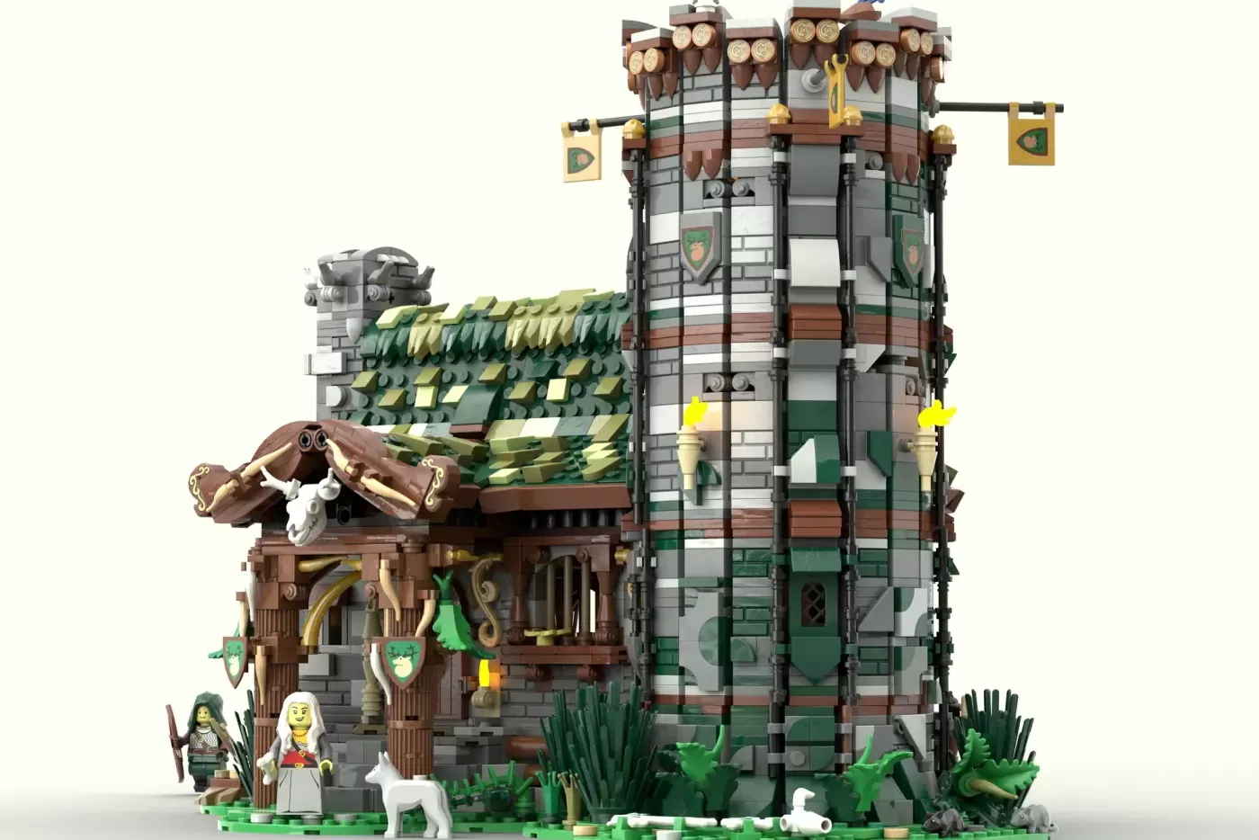LEGO Medieval Hunter's Hut castle tower with minifigures, green roof, wooden details, shields, and surrounding landscape e…