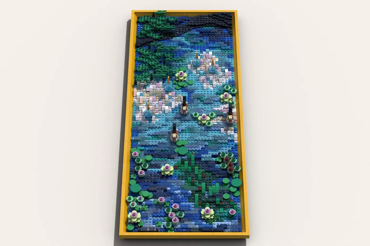 LEGO mosaic of Monet's water lilies with minifigures, flowers, and lily pads in blue, green, and pink tones.