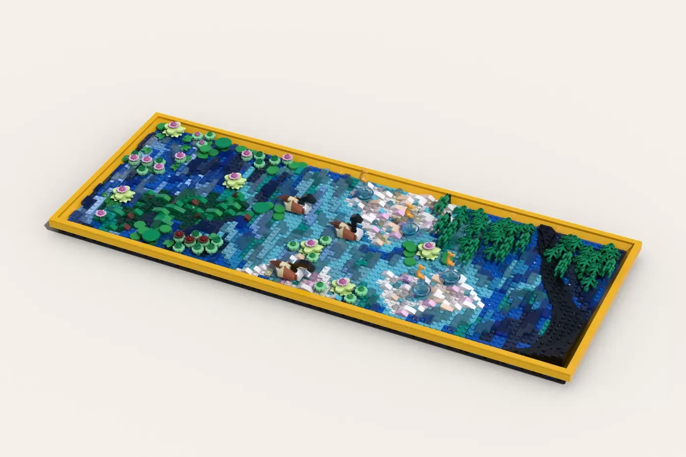 LEGO recreation of Monet's Water Lilies painting in yellow frame with blue water, pink flowers, and green foliage details.