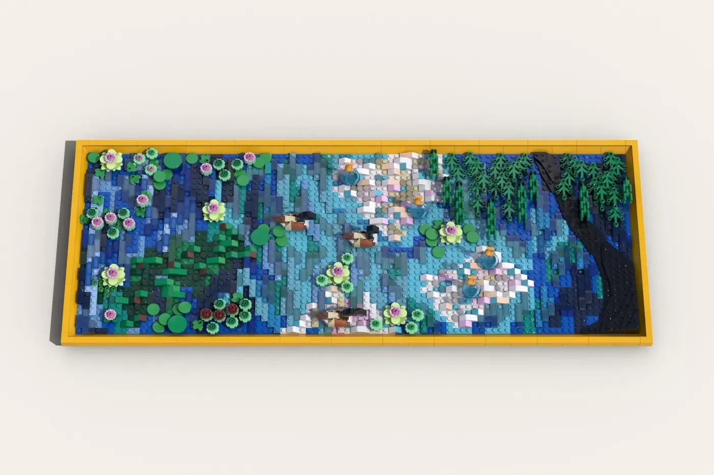 LEGO recreation of Monet's Water Lilies with pink flowers, green lily pads, and pixelated water in a yellow frame.
