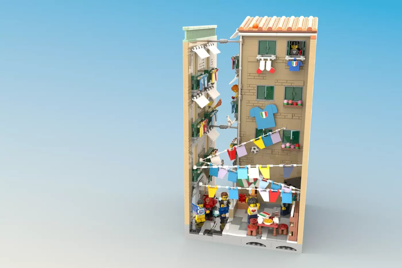 LEGO model of a colorful Naples tenement building with minifigures, laundry lines, and detailed window decorations.
