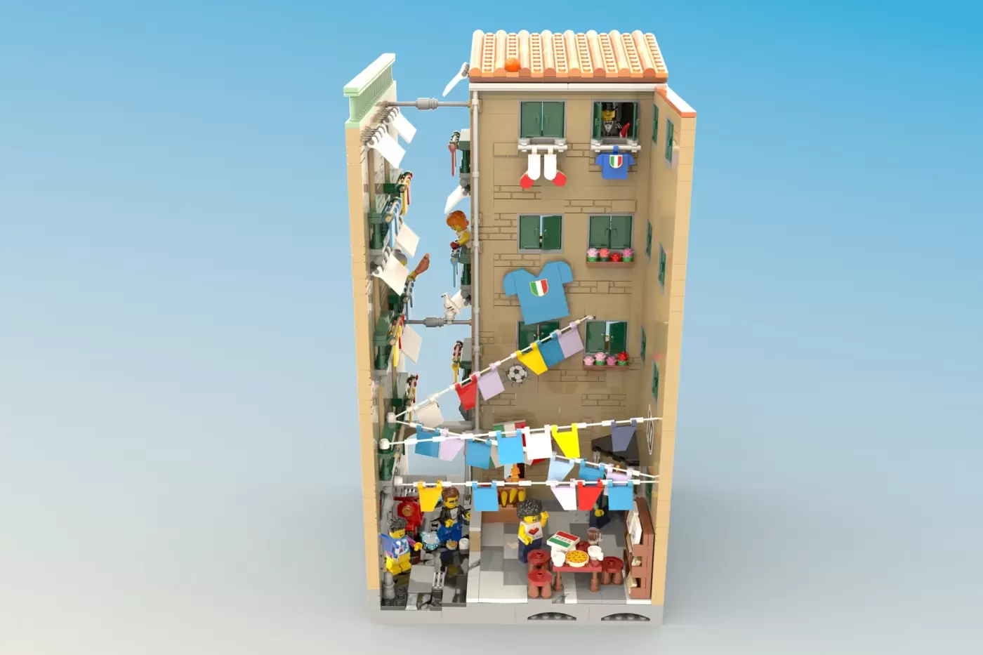 LEGO building of a colorful Italian apartment tower with minifigures, windows, laundry lines, and decorative flags across …