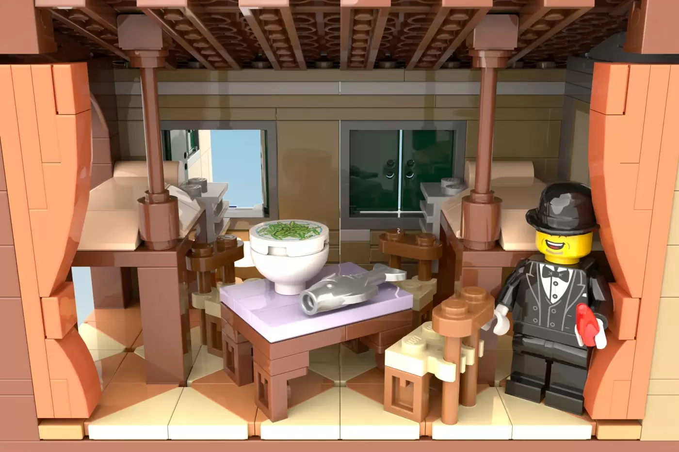 LEGO bathroom set with toilet, sink, minifigures in formal attire, wooden furniture, and coral-colored walls.