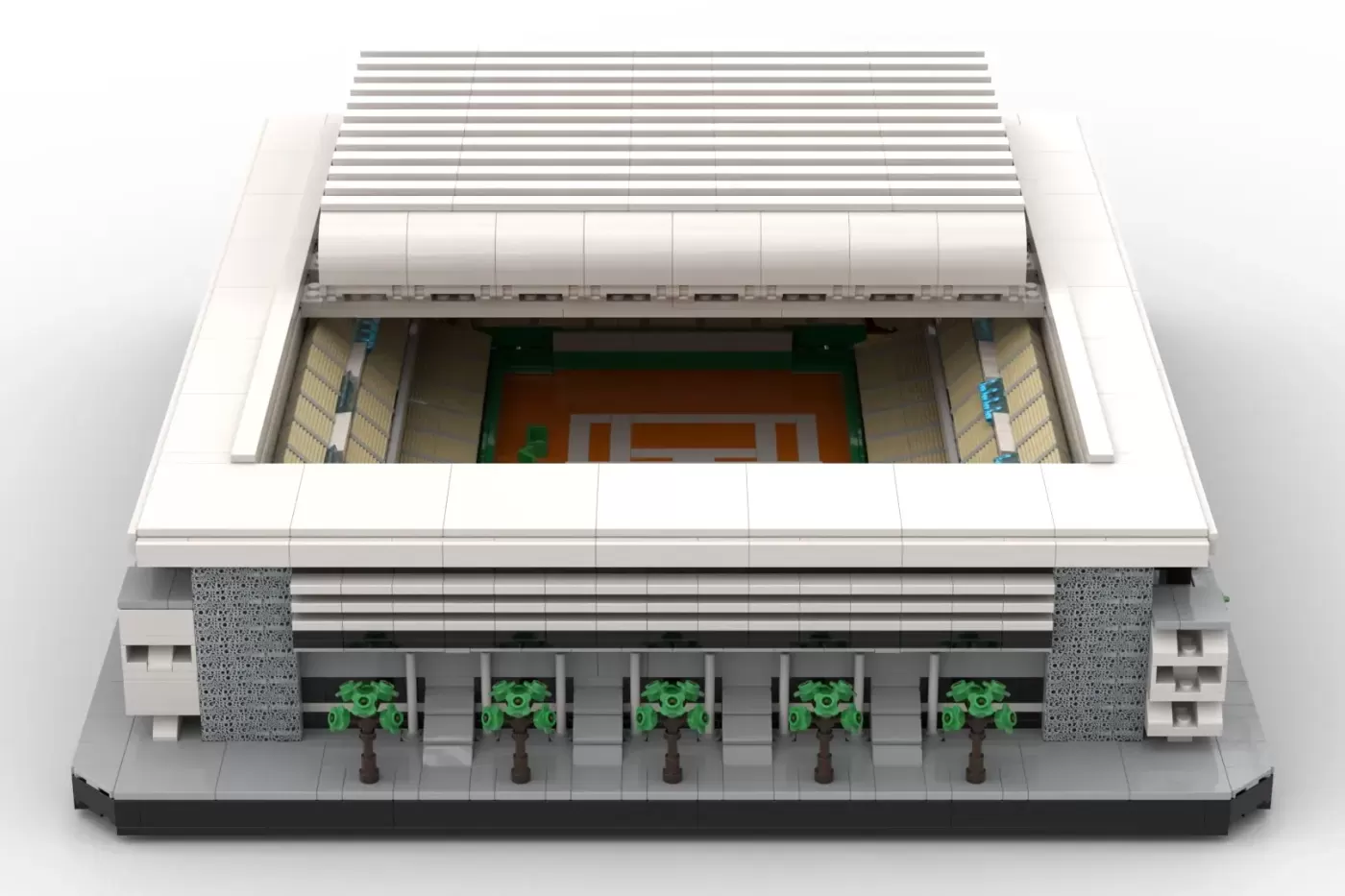 LEGO model of Philippe-Chatrier tennis court with retractable roof, seating, and green court details.
