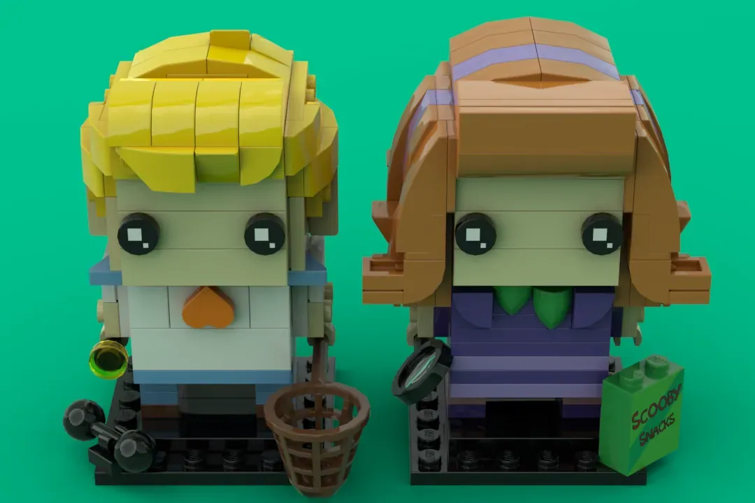 Two LEGO BrickHeadz figures with blonde and brown hair against turquoise background, featuring accessories like baskets an…