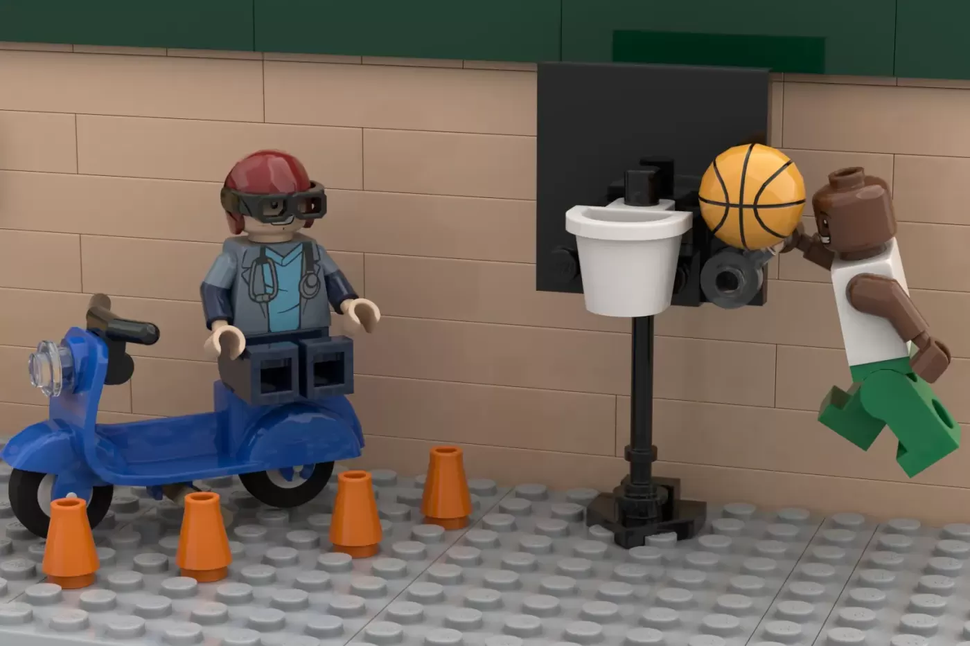 LEGO minifigures in a hospital parking lot scene with a blue scooter, basketball hoop, and orange traffic cones.