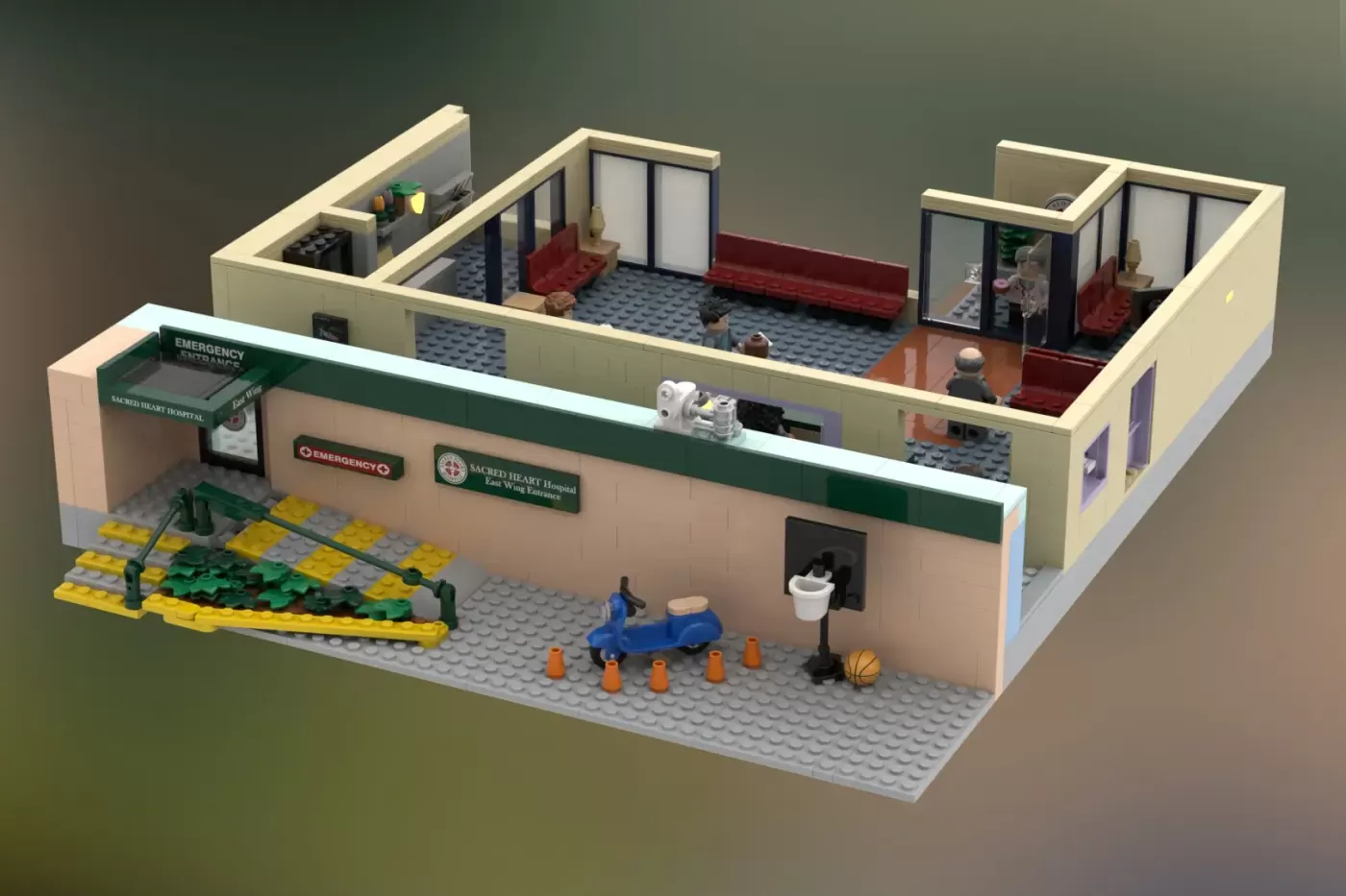 LEGO Sacred Heart Hospital exterior with emergency entrance, waiting area, and interior rooms featuring minifigures.