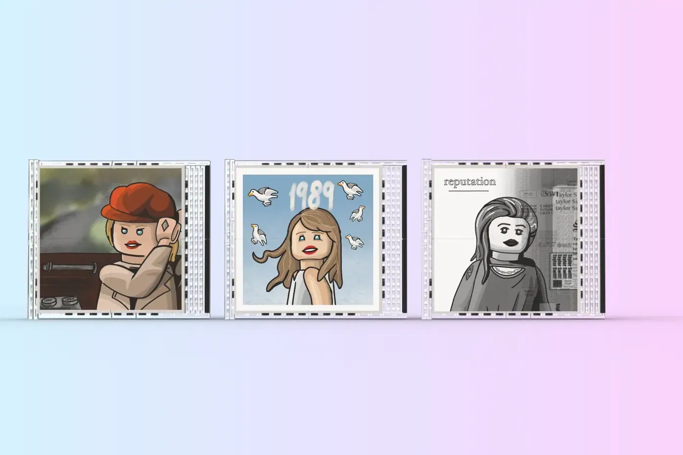 Three LEGO CD cases displaying Taylor Swift album eras with cartoon minifigure portraits and era-specific designs.