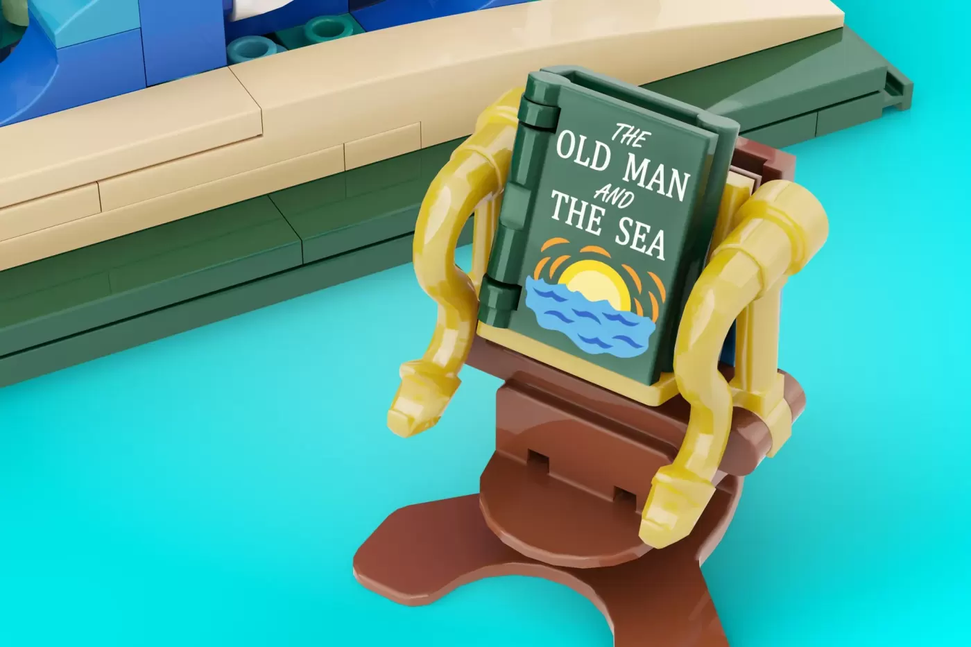 LEGO Ideas "The Old Man and the Sea" set with yellow hands holding green book and brown boat piece.