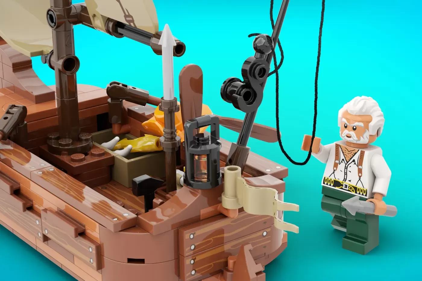 LEGO set of wooden fishing boat with white-haired fisherman minifigure and sailing equipment on turquoise background.