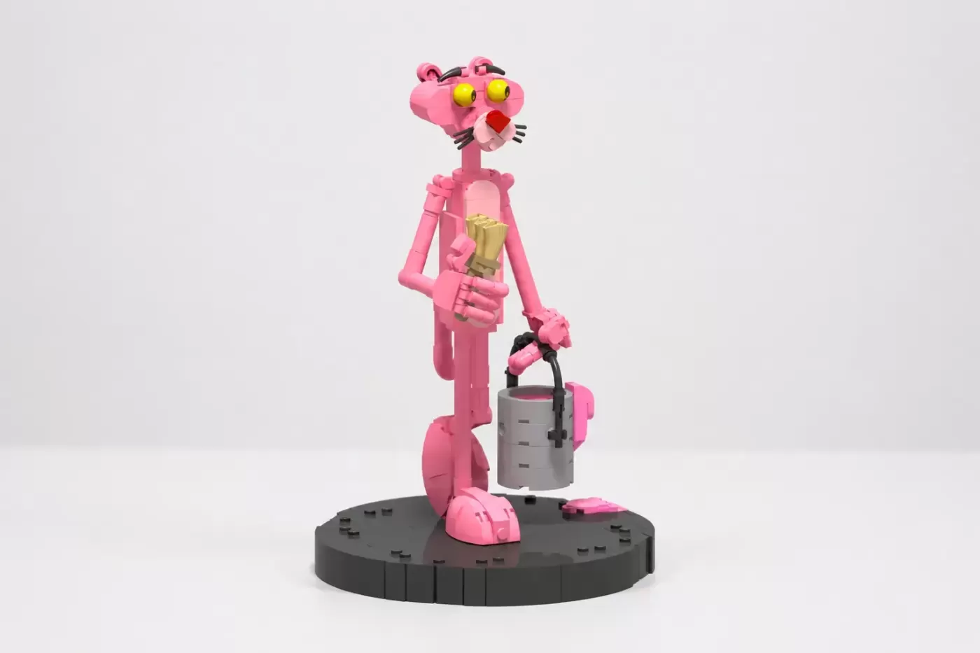 LEGO Pink Panther figure holding paintbrush on dark base, with yellow eyes and red nose.