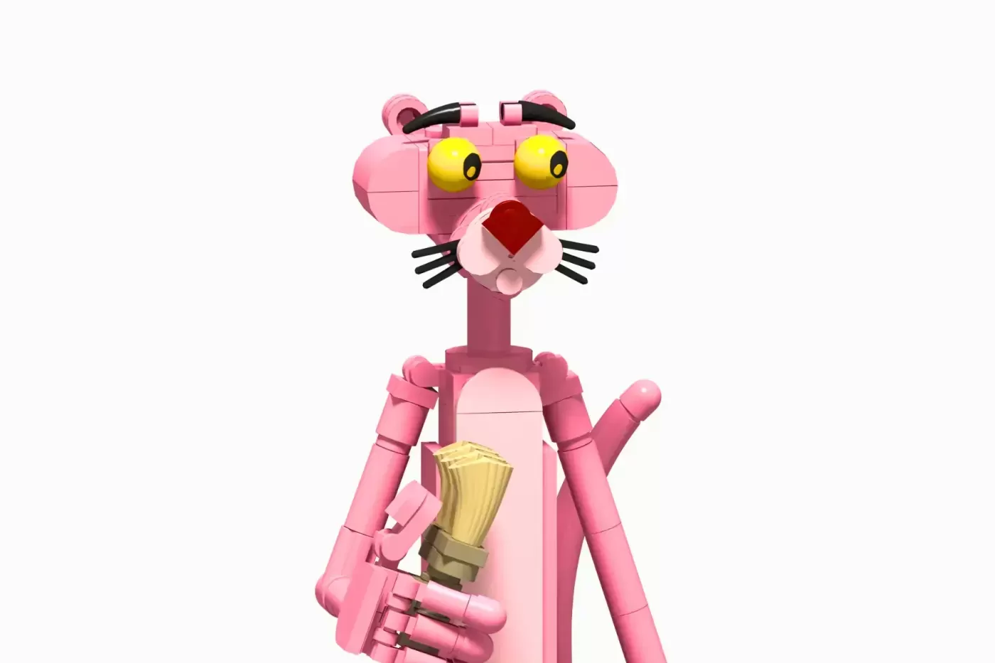 Pink Panther LEGO figure holding a paintbrush, with yellow eyes and red nose, constructed from pink bricks.