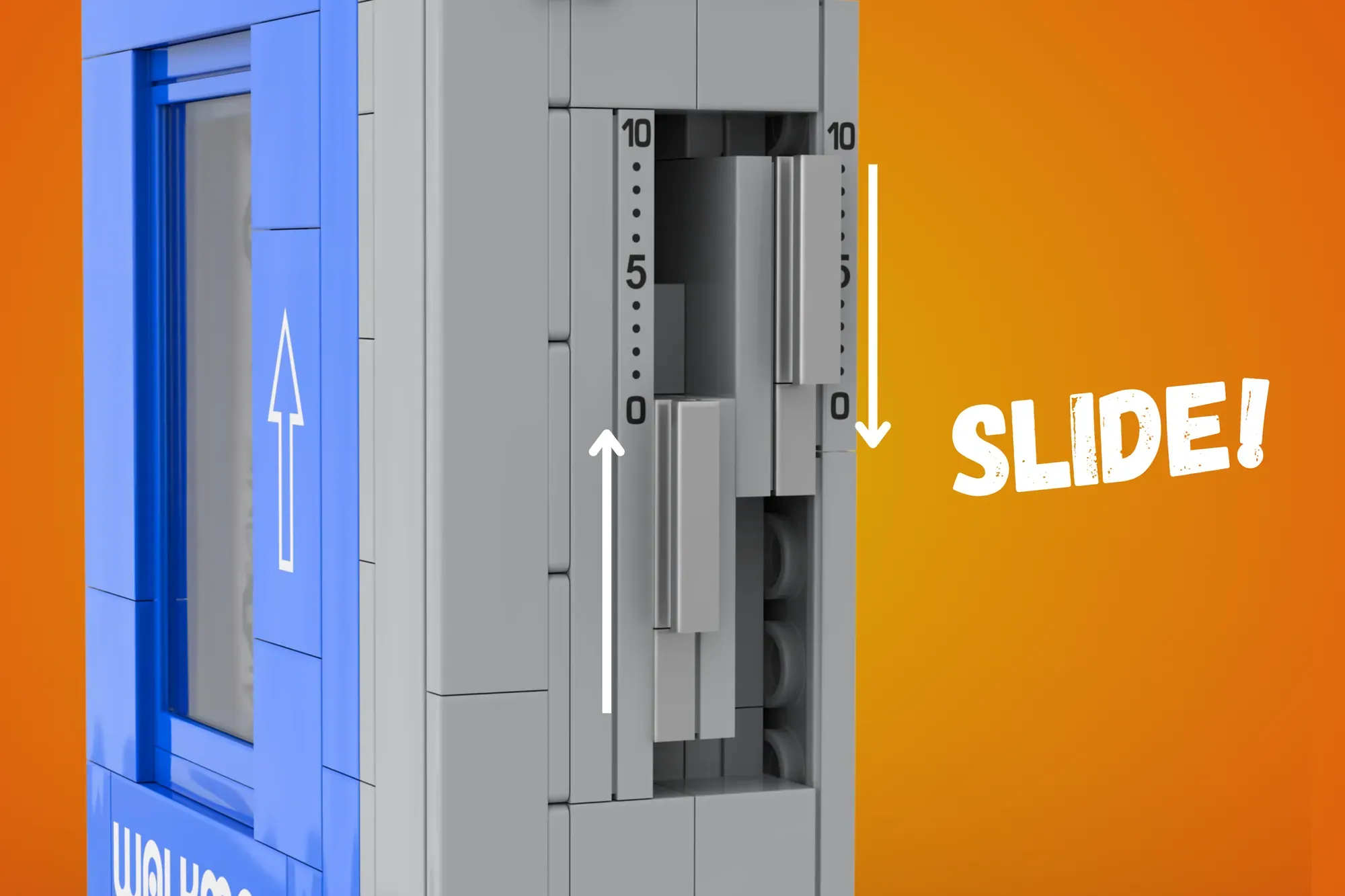 LEGO elevator with blue doors and orange walls featuring "SLIDE!" text and directional arrows.