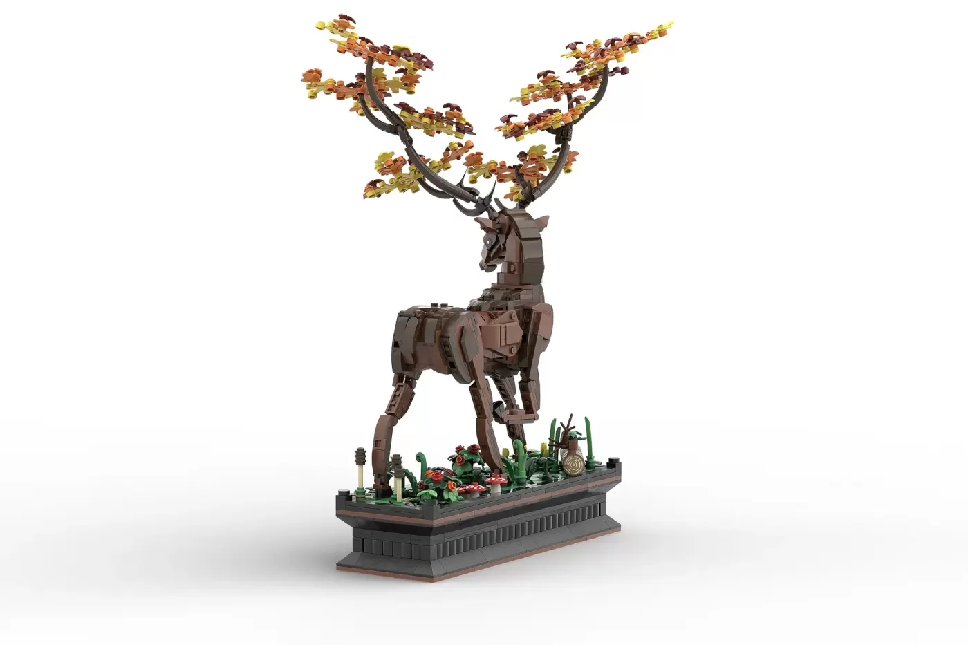 LEGO® Stag of Seasons: mechanical stag with autumn foliage antlers on pedestal base with flowers and plants.