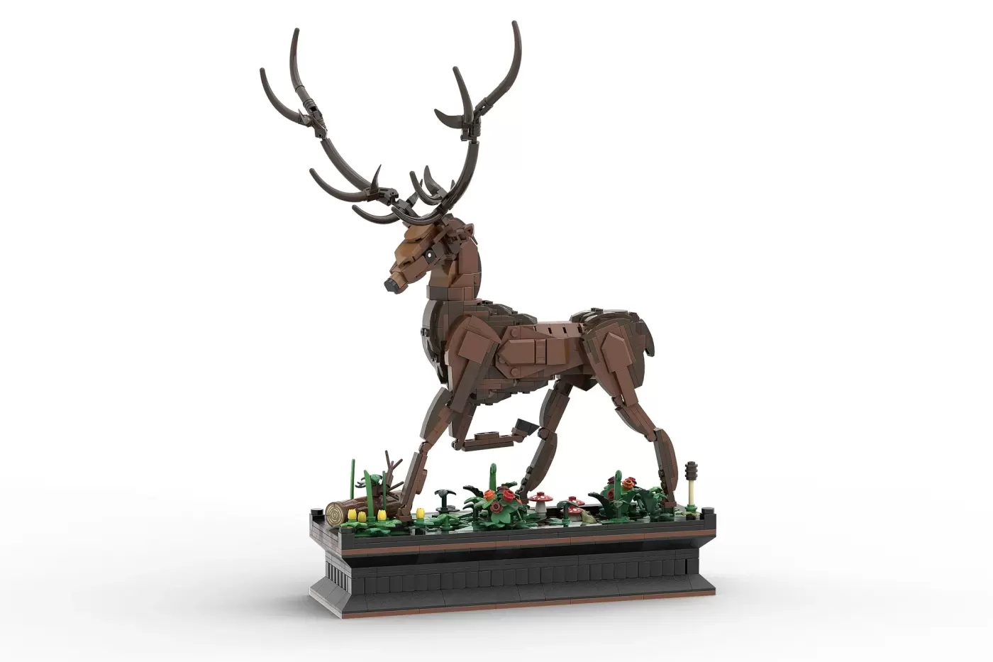 LEGO model of a brown stag with articulated antlers on a black base with seasonal flora details.