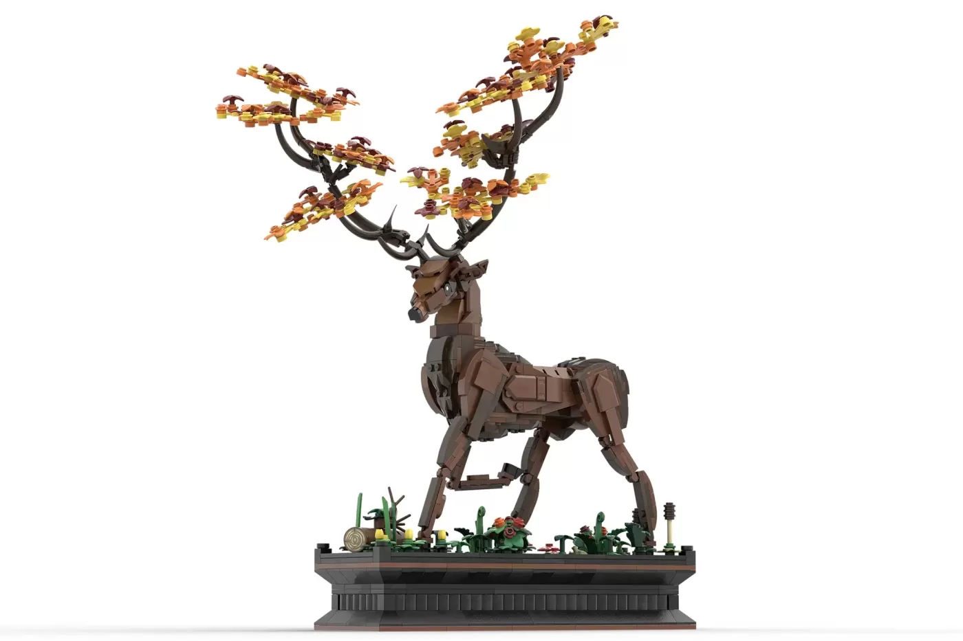 LEGO stag sculpture with interchangeable antlers for each season, standing on decorative base with plants.