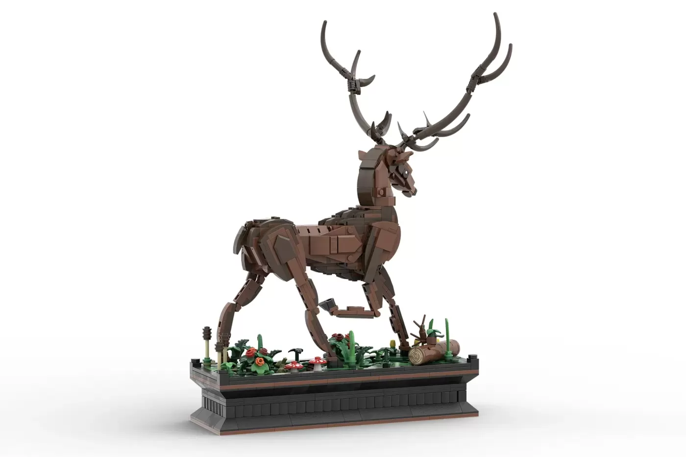 LEGO brick-built mechanical stag with articulated antlers and armor plating on display base with seasonal foliage details.
