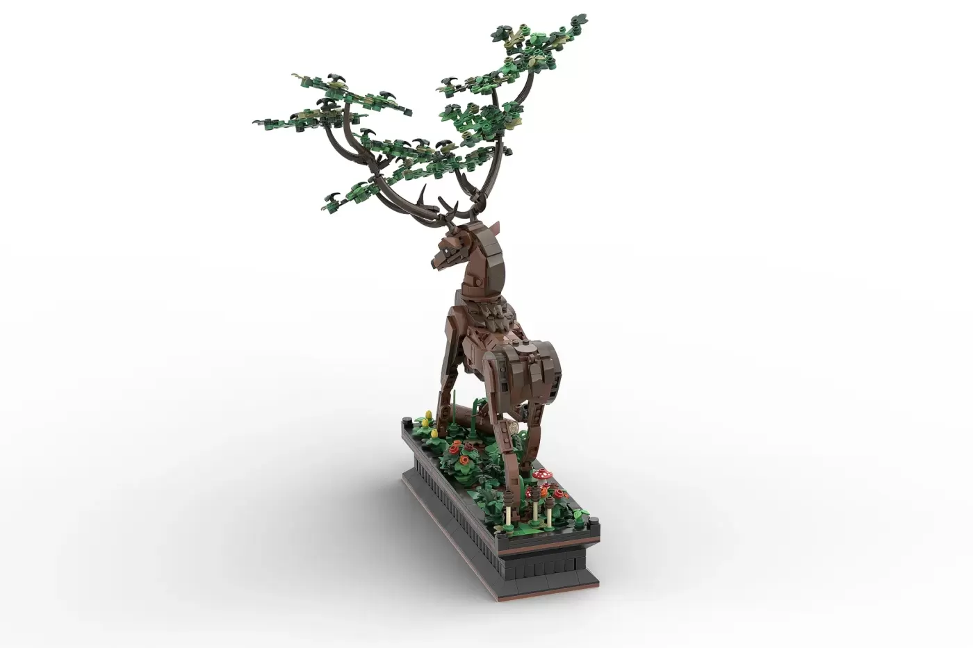 LEGO stag sculpture with seasonal antlers and base garden, featuring brown deer figure with green foliage branches.