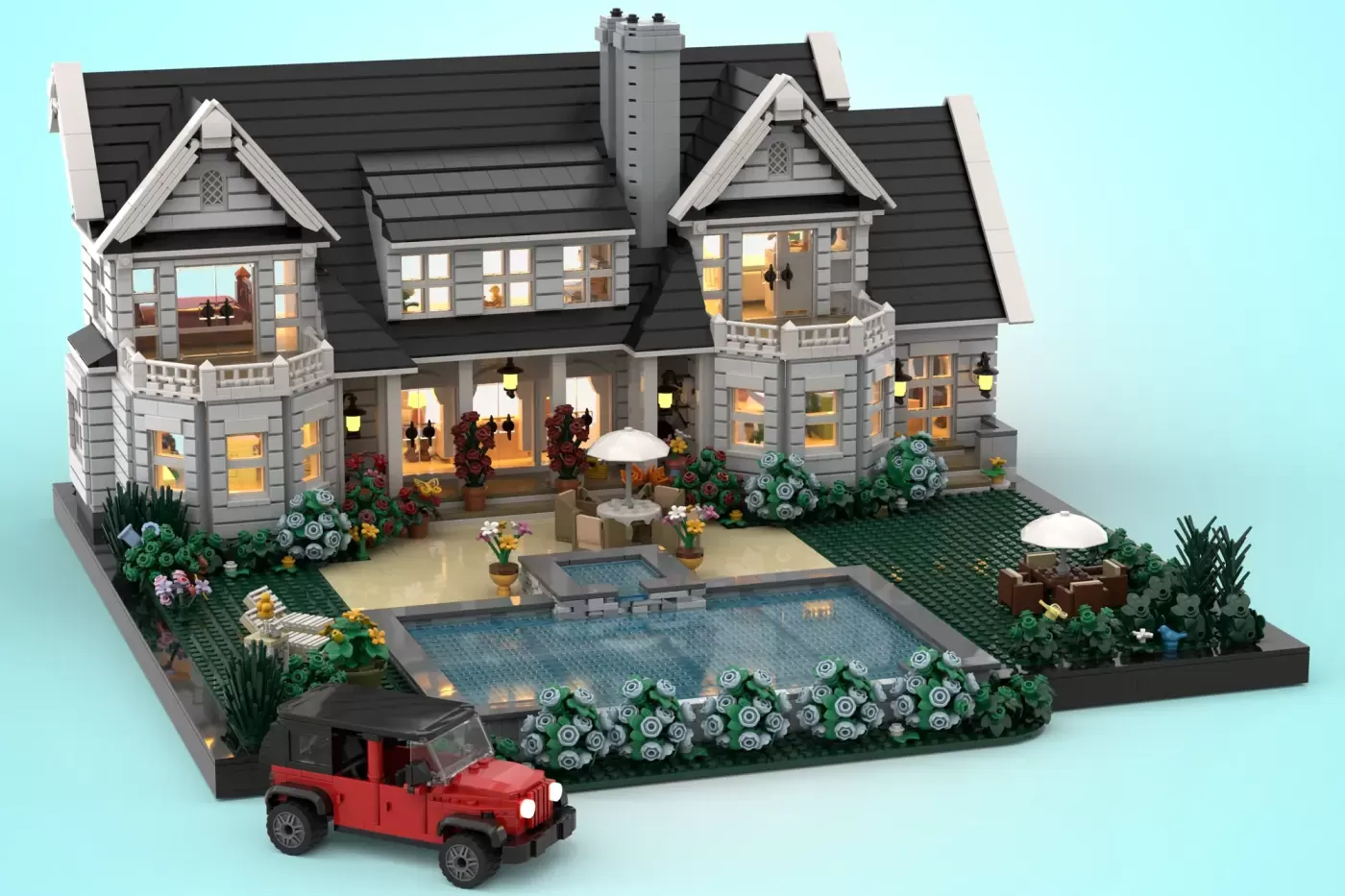 LEGO house with pool, landscaping, and red car model displayed against light blue background.