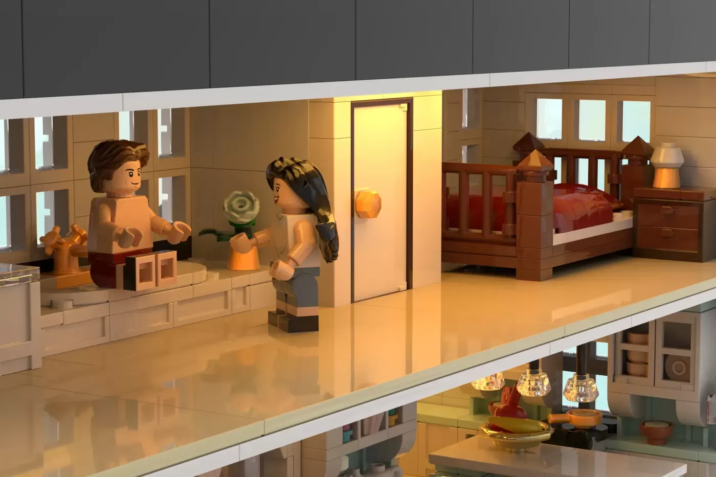 LEGO minifigures in a modern apartment with bedroom, kitchen counter, and decorative flowers.