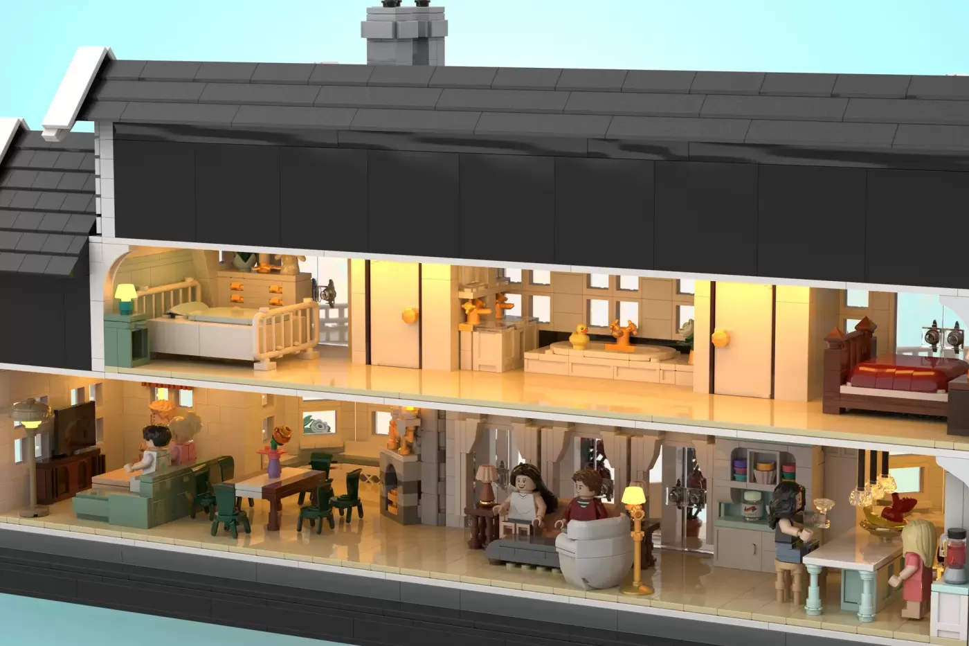 Detailed LEGO dollhouse cross-section showing multiple rooms with minifigures, furniture, and accessories across two floors.