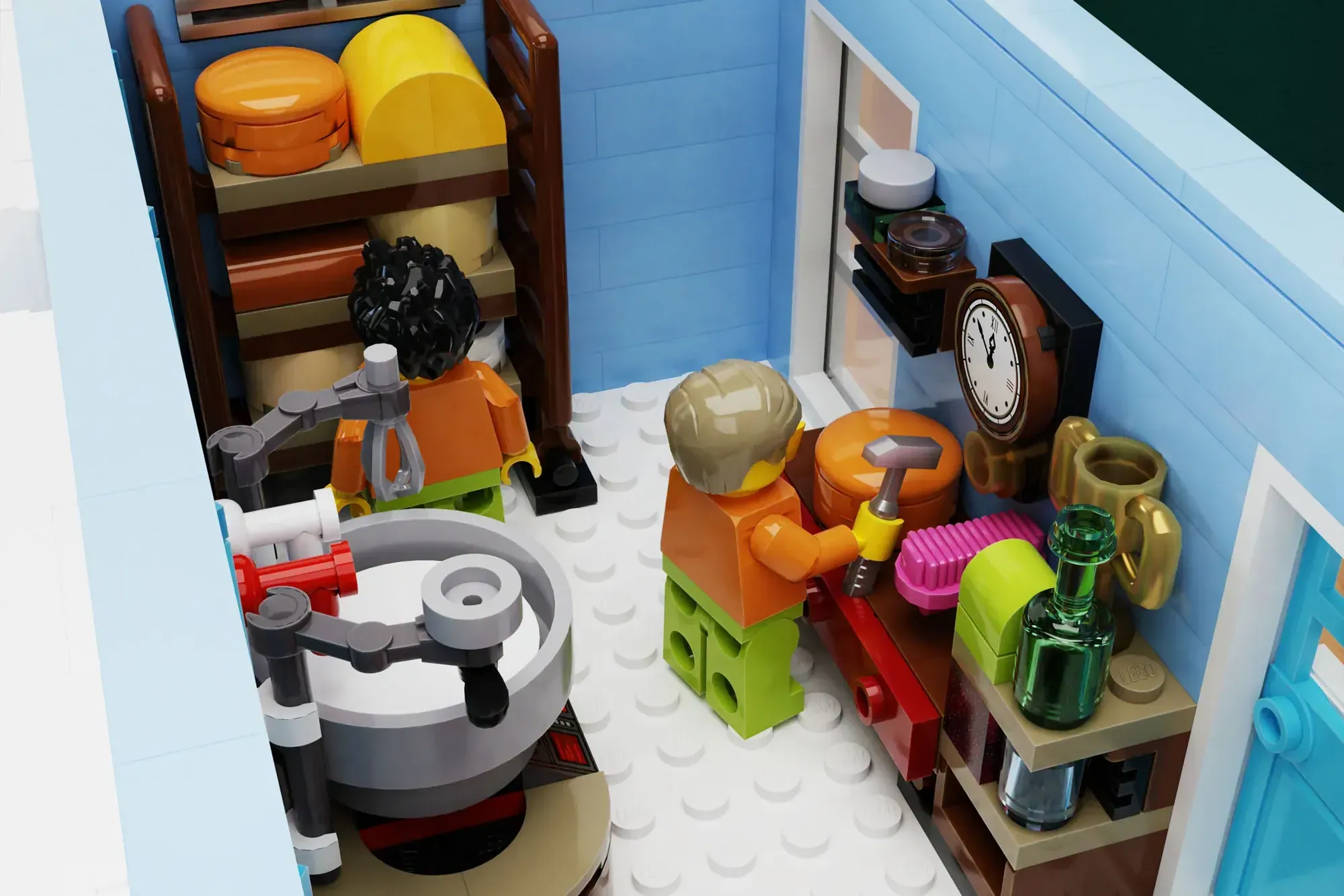 LEGO dairy shop modular set interior with minifigure, stove, cheese-making tools, shelves, clock, and colorful building el…